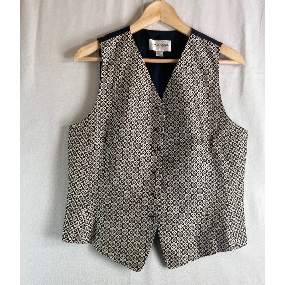 Vintage Emanuel Ungaro Women Silk Vest Sz 10 44 Black Ivory Geometric Waistcoat